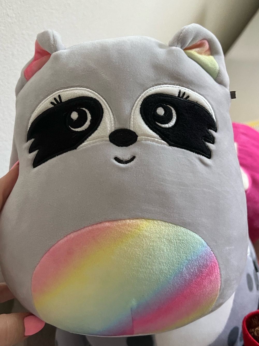 Squishmallow Gray Plush Raccoon Pillow with Rainbow Belly